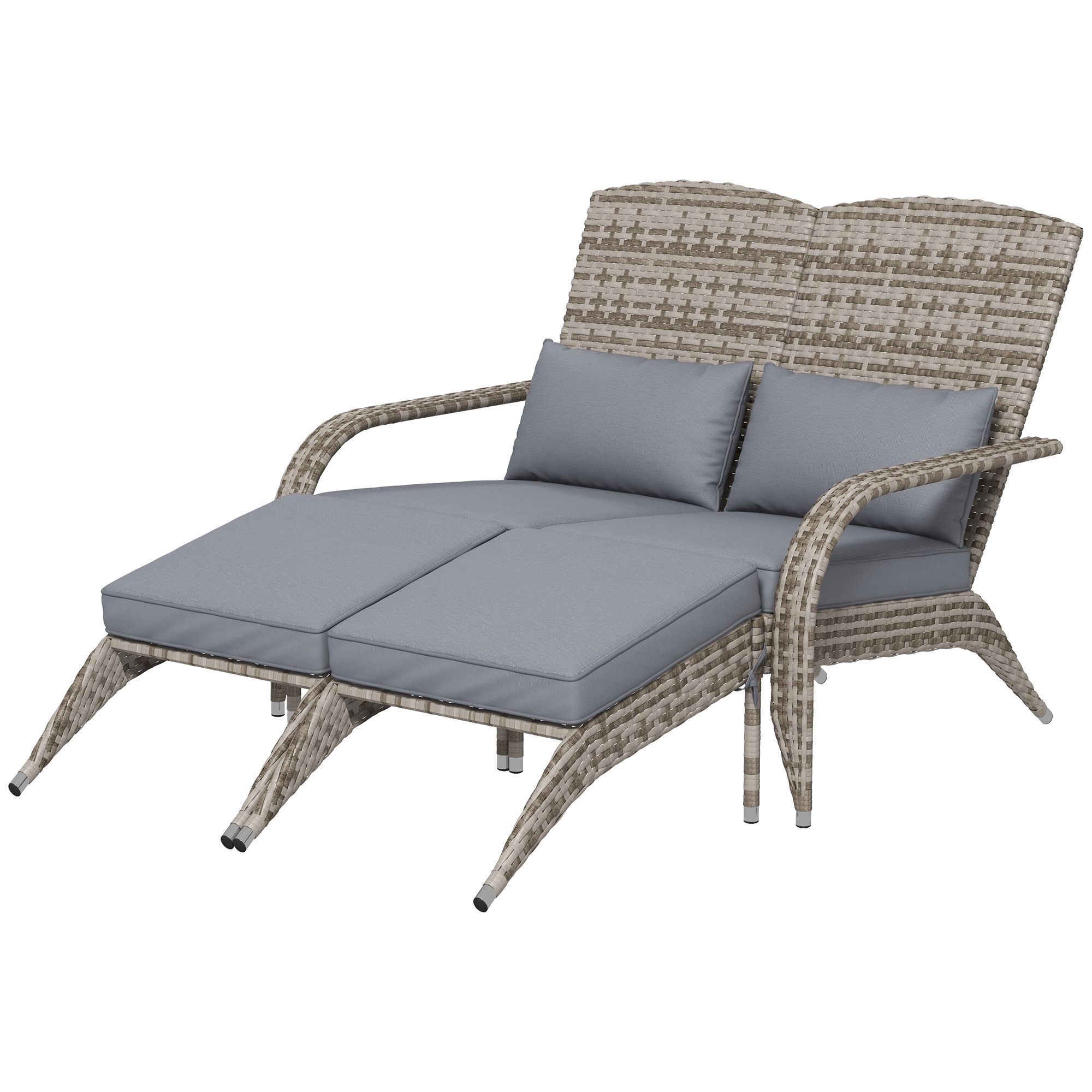 Wicker Adirondack Chair for 2 with Cushions & Footrests, PE Rattan Double Chaise Lounge Chair, Fire Pit Chair for Porch with High-back, Wide Armrests, (Color: Gray)