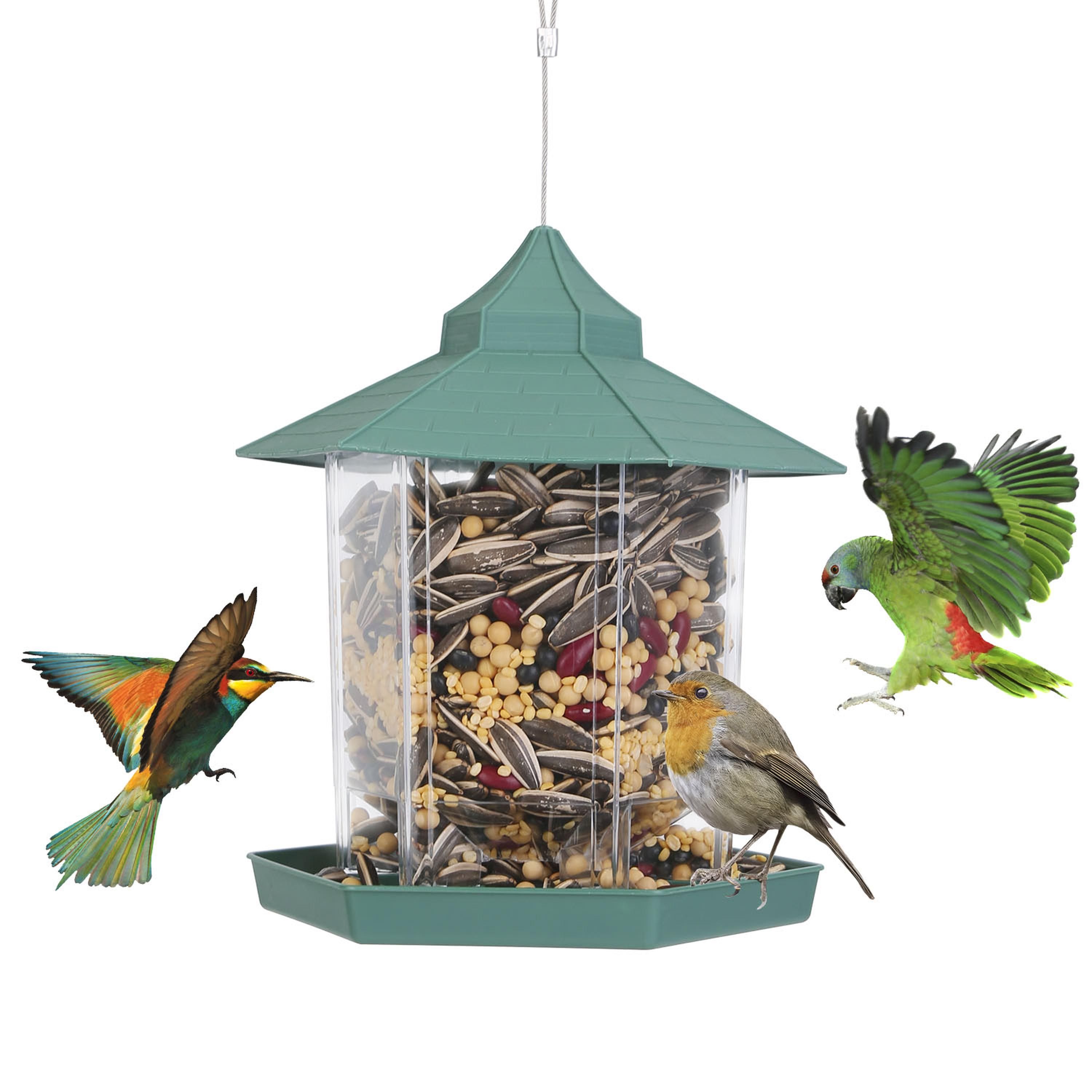 Hanging Gazebo Wild Bird Feeder Outdoor Bird Seed Station with Large Capacity 6 Feeder Ports for Garden Patio Park Weatherproof Easy To Refill (Color: Green, size: One size)